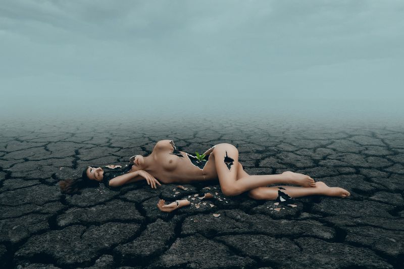 ню арт фотография пустыня росток фарфор разбитая коллаж с чистого листа фото превью