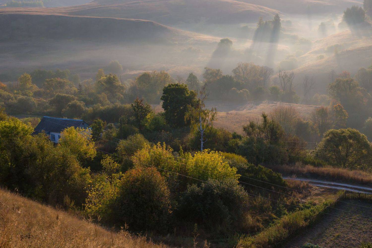 Пронск, утро, туман, холмы, домик, Юрий Морозов