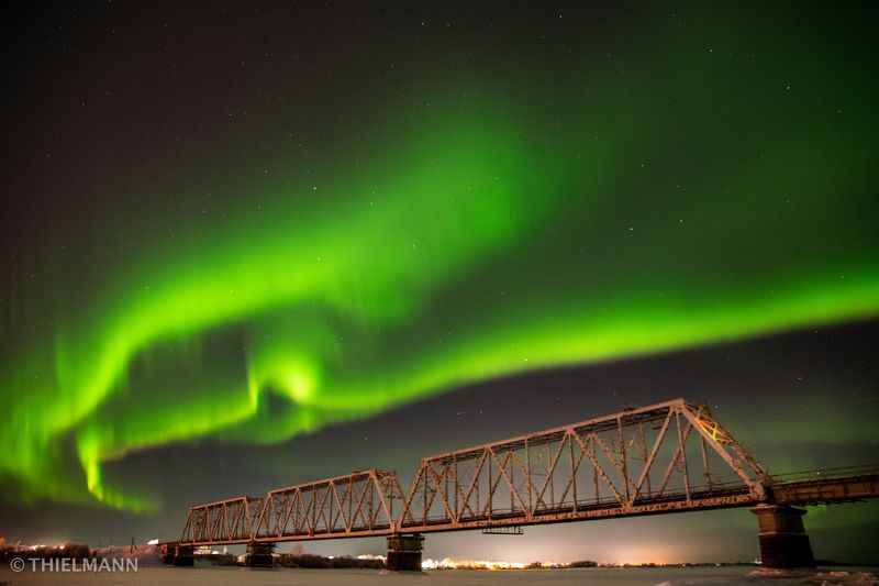 aurora, north, winter, frost, night, nightlights, sky, nightsky, light, bridge, river  фото превью