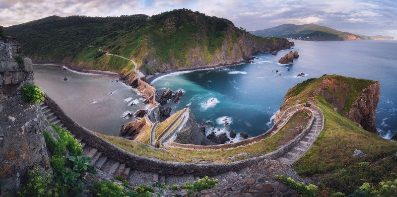 панорама, остров, gaztelugatxe, лето, испания, море, basque, бискайя, bizkaia Спуск фото превью