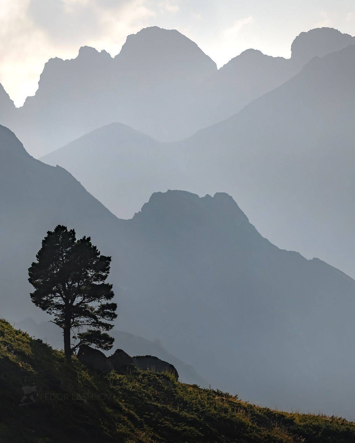 карачаево-черкесия, горы, гора, долина, кавказ, кавказские горы, туман, дымка, туманный, хребет, склон, вершина, акварель, дерево, сосна, лето, закат, воздушные, линии, графика, серый,, Лашков Фёдор