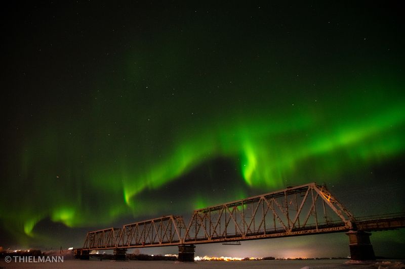 aurora, north, winter, frost, night, nightlights, sky, nightsky, light, bridge, river  фото превью