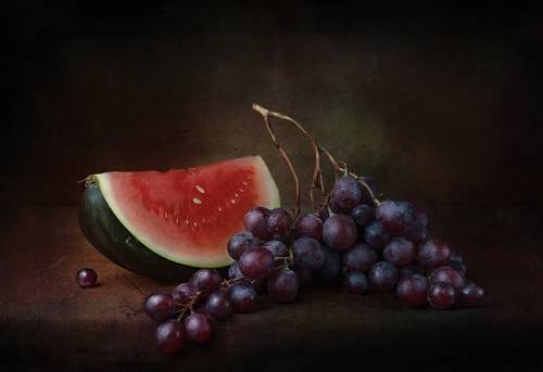 still life grapes and watermelon on the table