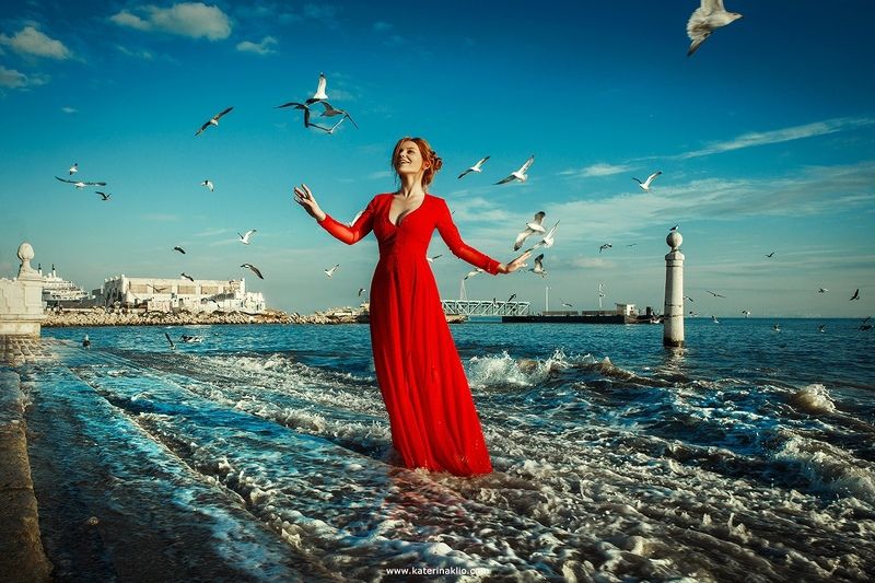 red, dress,woman, beauty, beautiful, gull, sea, ocean, wind, sun, girl, feeling, bird Gull фото превью