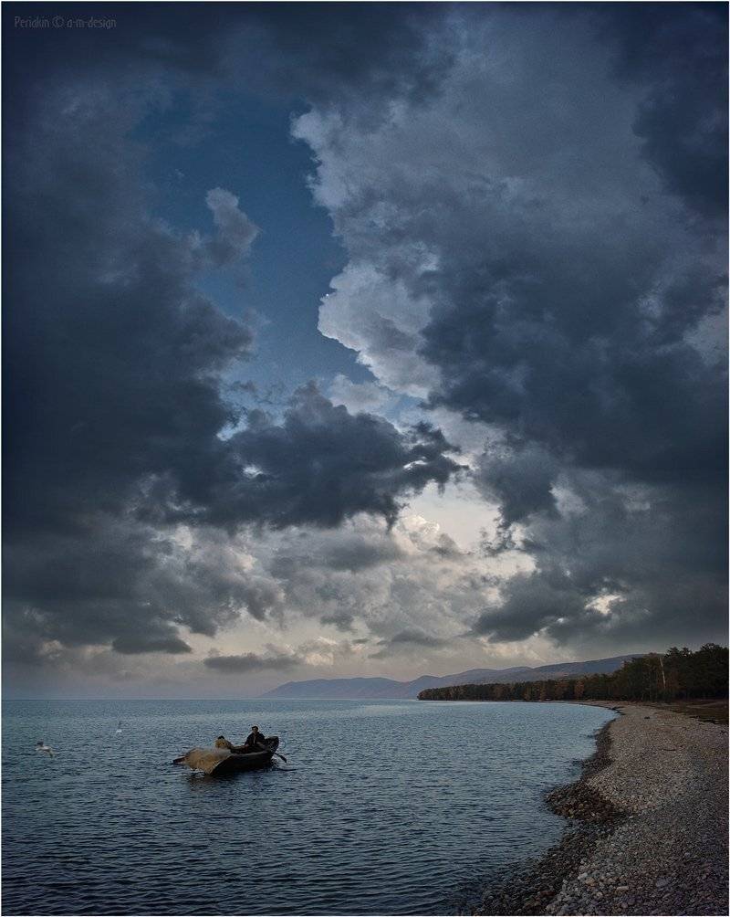 байкал, рыбаки, море, горы, лодка, Виктор Перякин