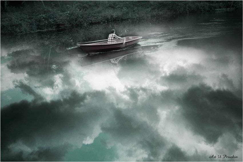 лодка, река, облака, Виктор Перякин