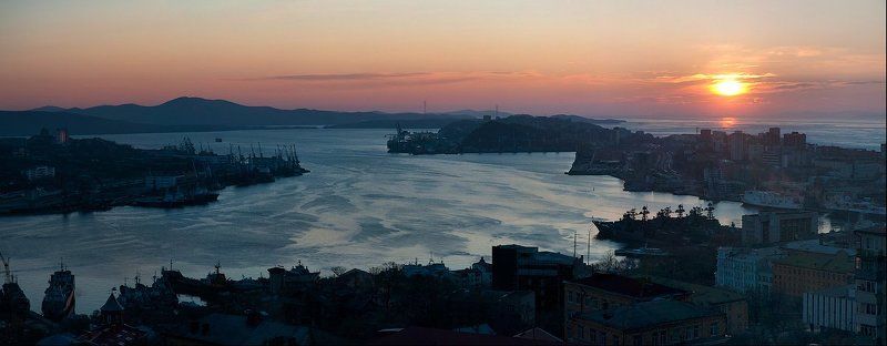 владивосток, бухта, золотой, рог, закат, море, порт *** фото превью