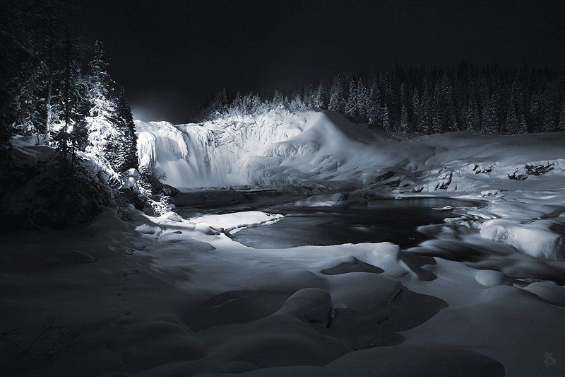 швеция, зима, снег, водопад, лед, белая, нега, берега, ночь Белая нега фото превью