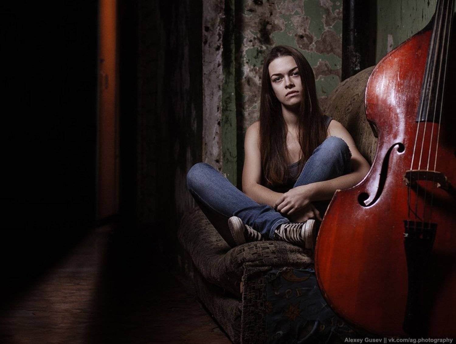 contrabass, girl, music, portrait, underground, Alex Gusev
