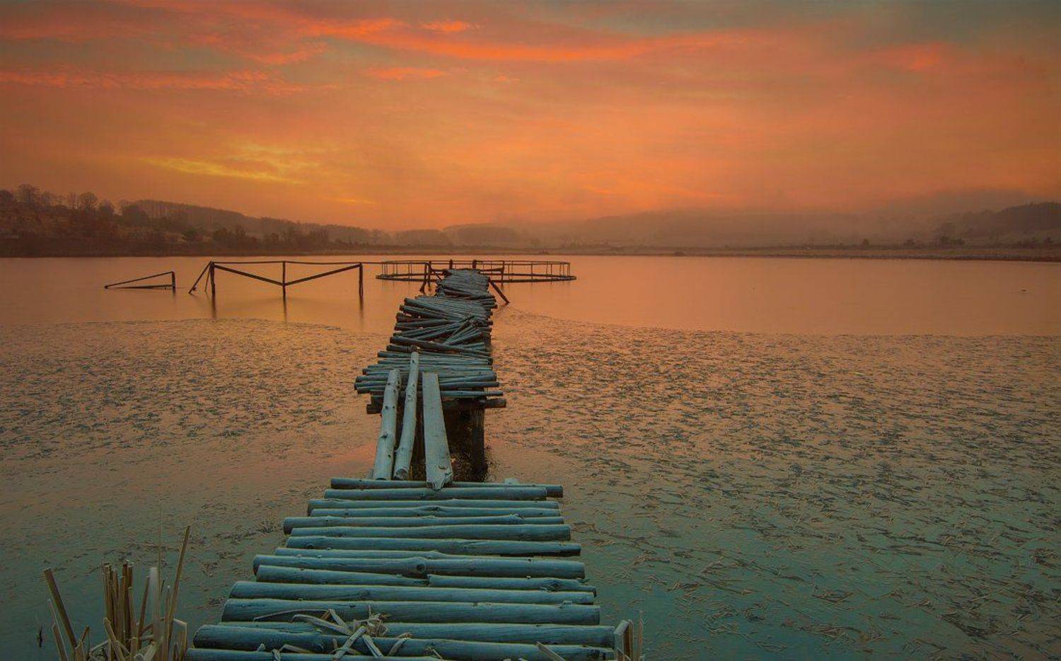 sunrise, fog, morning, wood, bridge, sky, Philip Peynerdjiev
