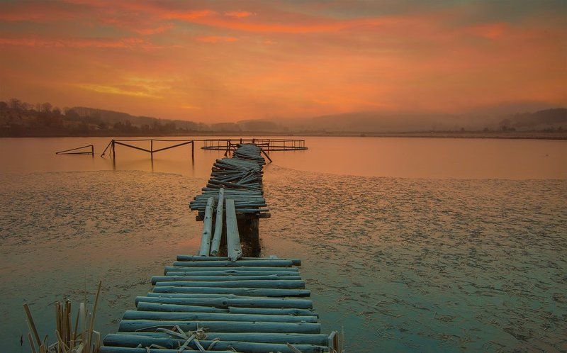 sunrise, fog, morning, wood, bridge, sky Morning Beauty фото превью