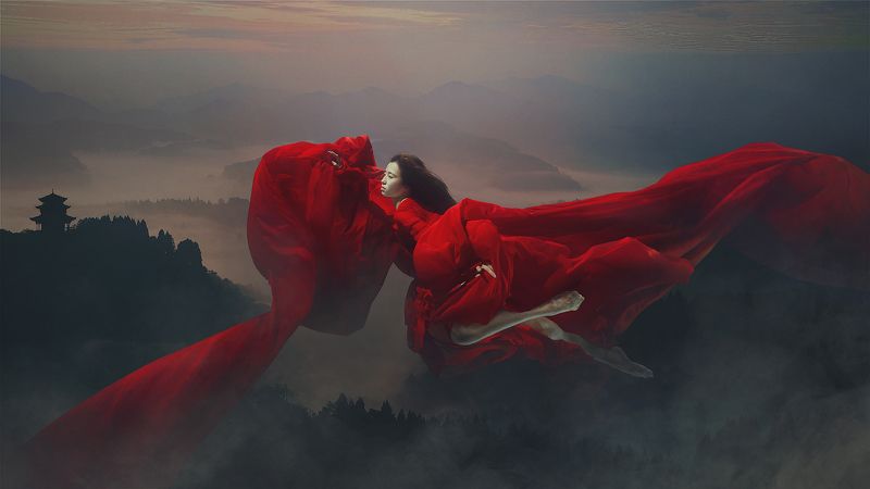 woman, body, light, natural, red, flying, water Maya фото превью