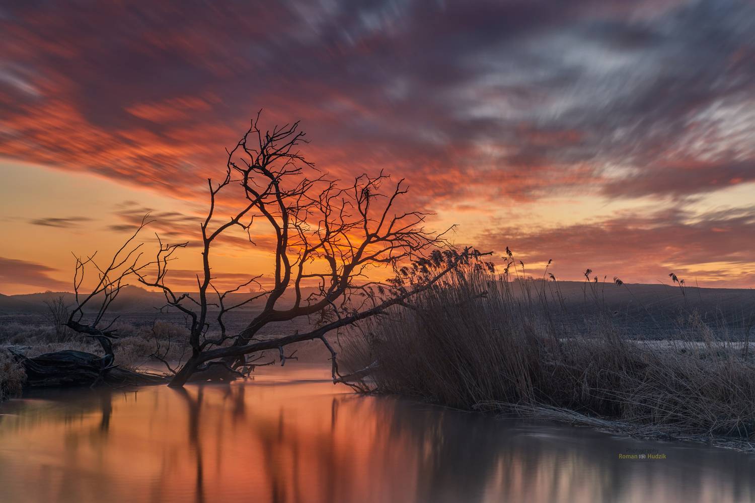 river, sunrise, Kociewie, Poland, colorful colors, tree, clouds, Roman Hudzik
