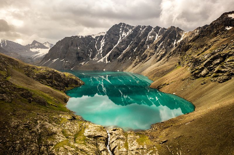 landscape, nature, drone, aerial, mountain, sky, clouds, sun, water, lake, snow, kyrgyzstan Ala-Kul фото превью