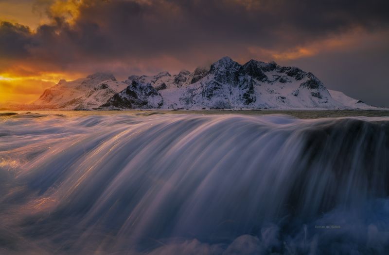 Landscape, Lofoten, sky, ocean, sea, sunset, wave, Lofoten.  фото превью