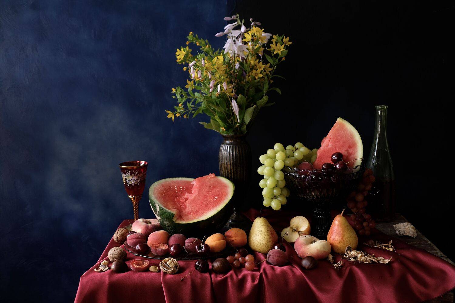 Still life, flowers, fruit, watermelon, apples, pears, nuts, chestnuts, grapes, cherries, peaches, autumn, fall, summer, September, food, colors, nature, flora, , Svetlana Povarova Ree