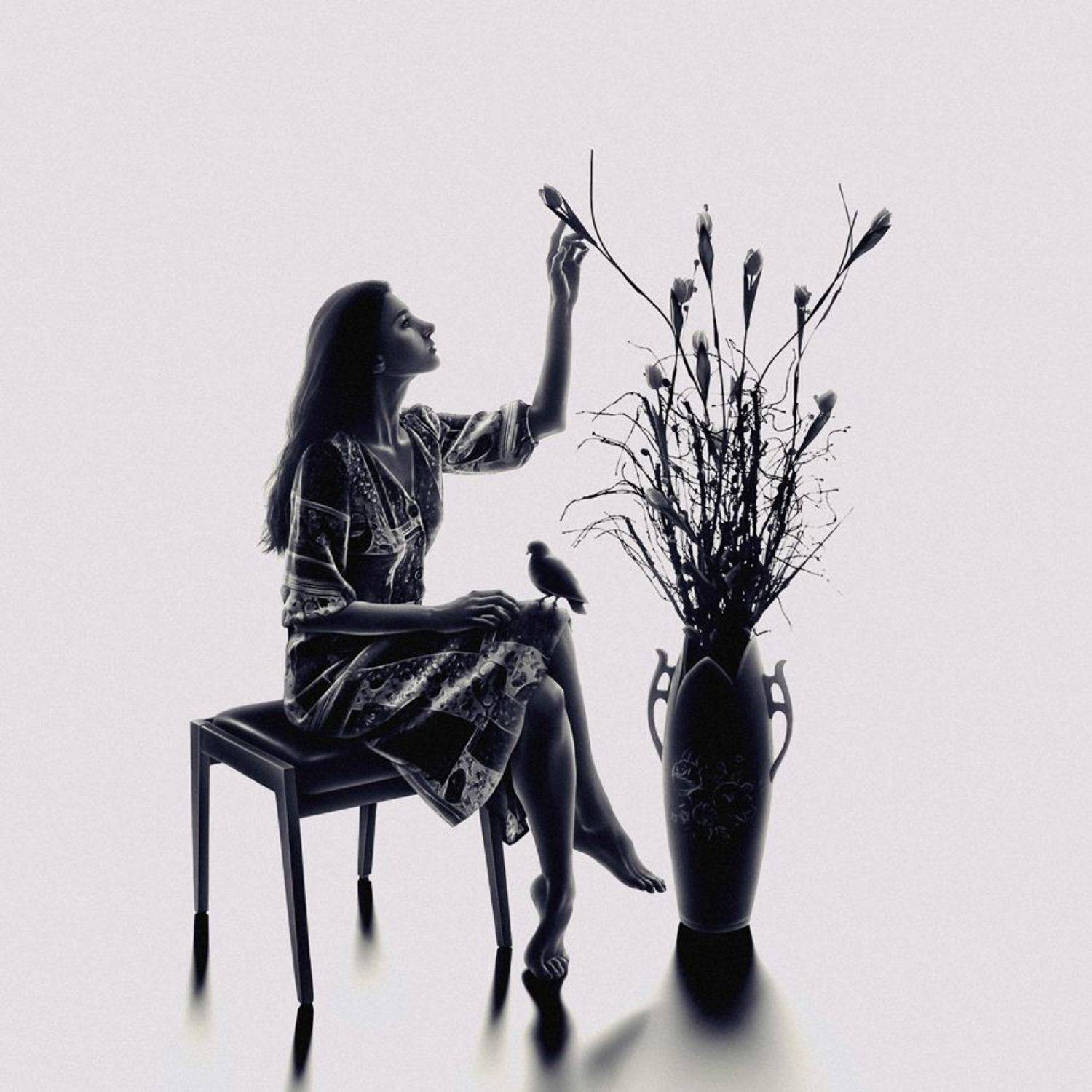 CONCEPTUAL,EXPRESSION,EMOTION,HANDS,FEELING,WOMAN,FEMALE,FLOWERS,FLOWER,FLORAL,SILHOUETTE,BIRD,PIGEON,FINE ART,ART,VASE,DRESS,DARK,LIGHT,SHADOW, Nur Ernehir