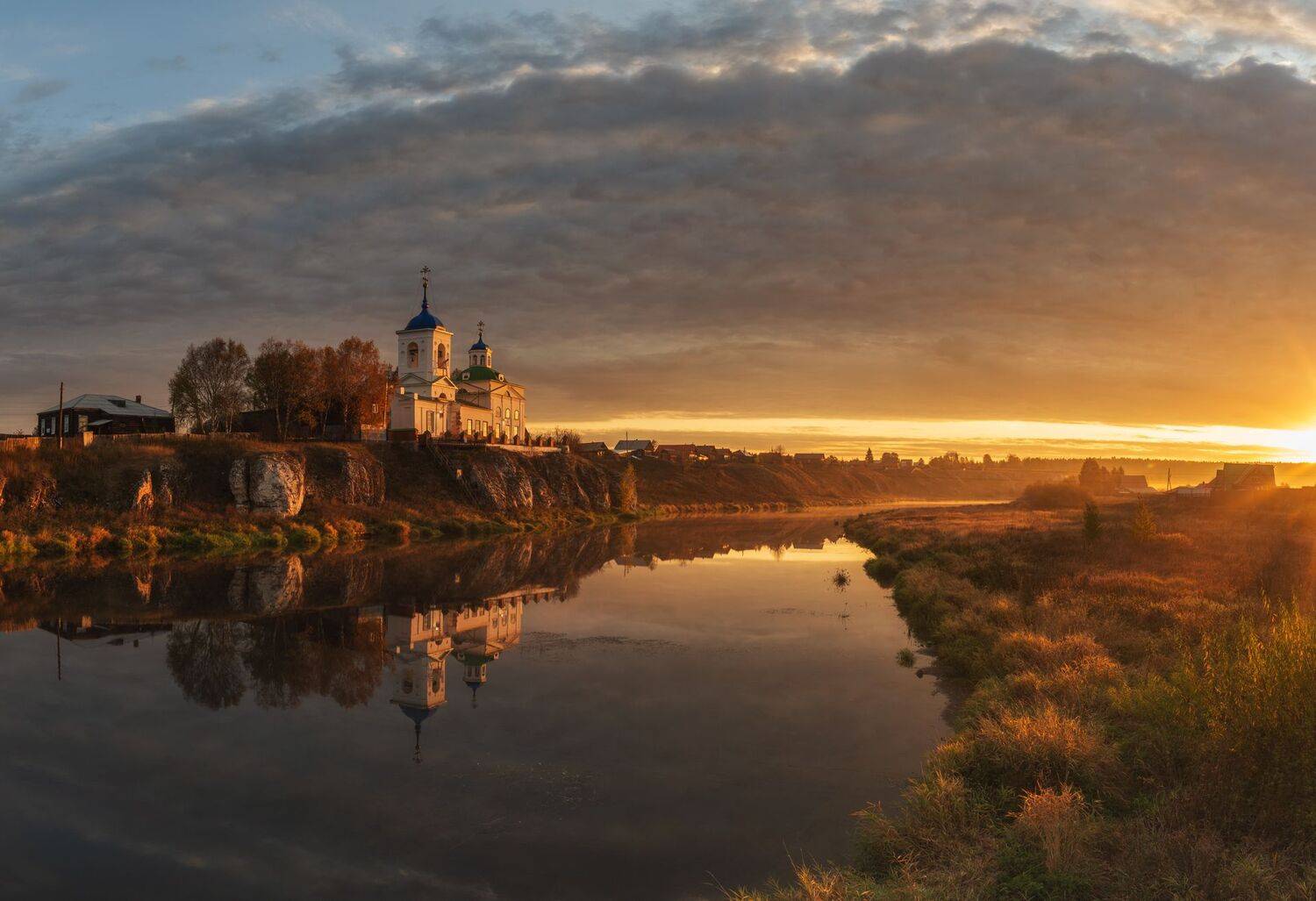 пейзаж, рассвет, храм, церковь, река, Евгений Гецев