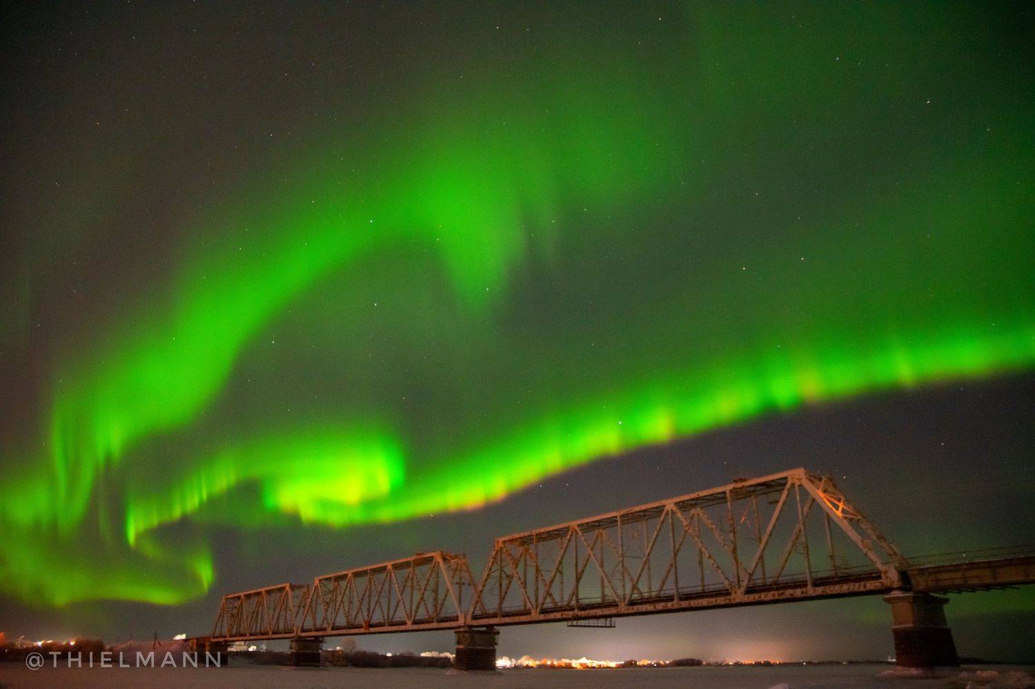aurora, north, winter, frost, night, nightlights, sky, nightsky, light, bridge, river, Илья Тильман