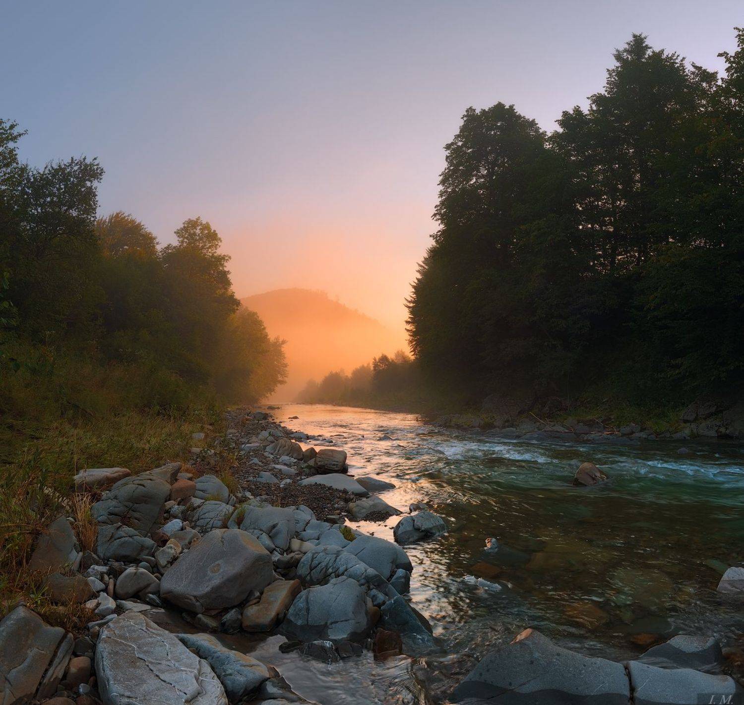 утро, рассвет, туман, свет, река, горы, лес, камни, пейзаж, light, sunrise, summer, fog, mist, mountains, river, flow, foggy, morning, landscape, Ivan Maljarenko