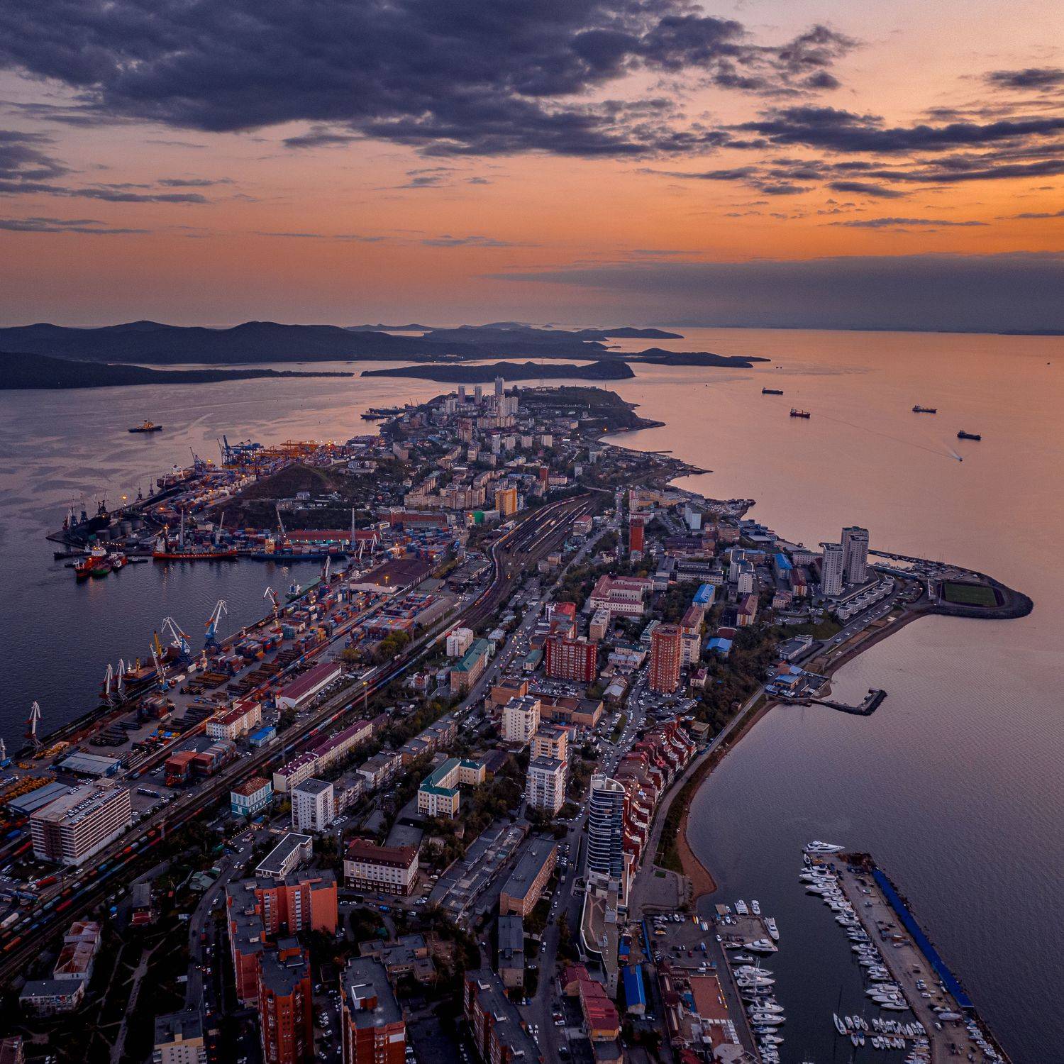 море, японское море, пейзаж, аэросъемка, закат, владивосток, приморье, эгершельд, огни, россия, Антон Блохин