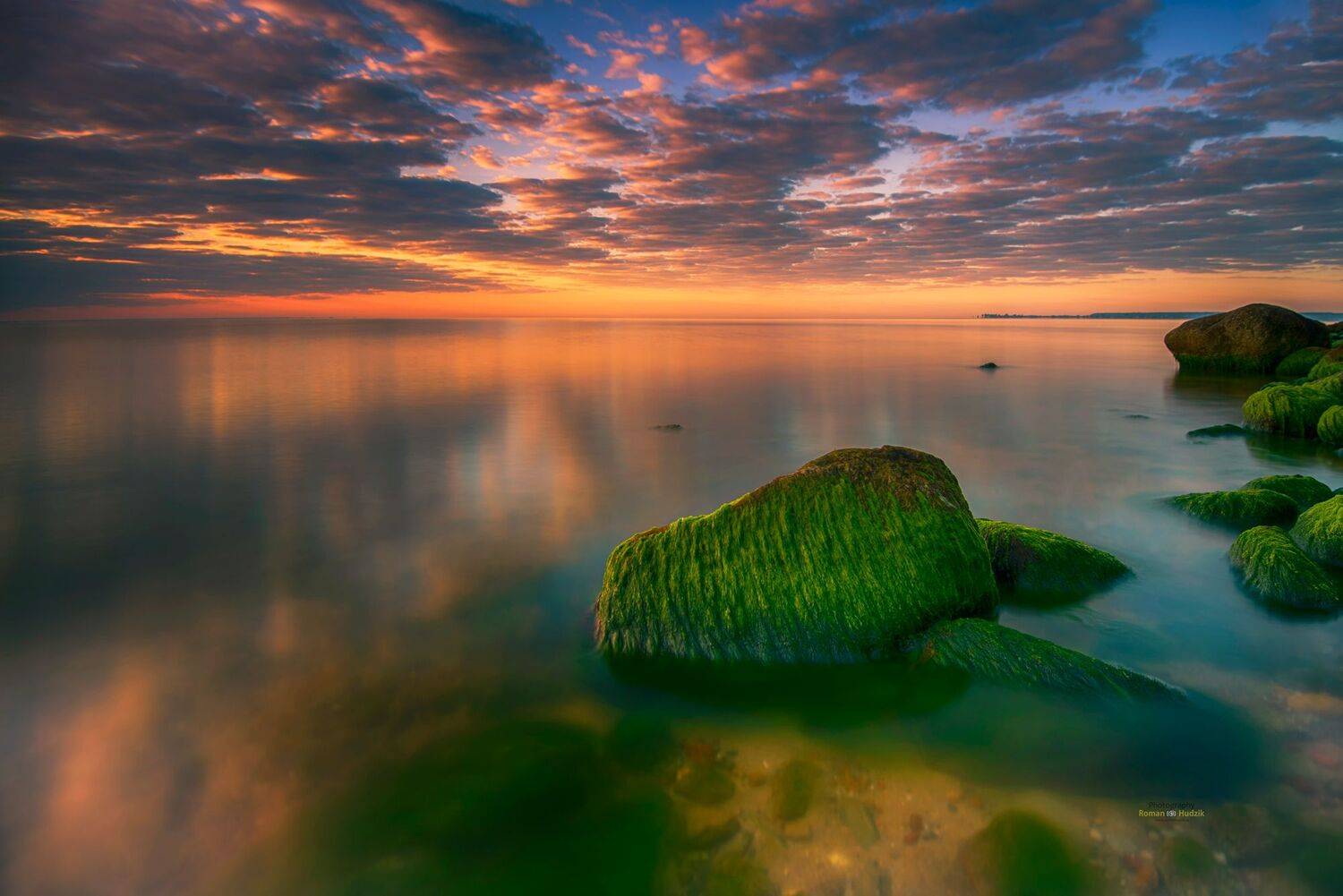 Stone, sea, landscape, sunrise, mosses, lichens, clouds, colorful world, sunrise colors., Roman Hudzik