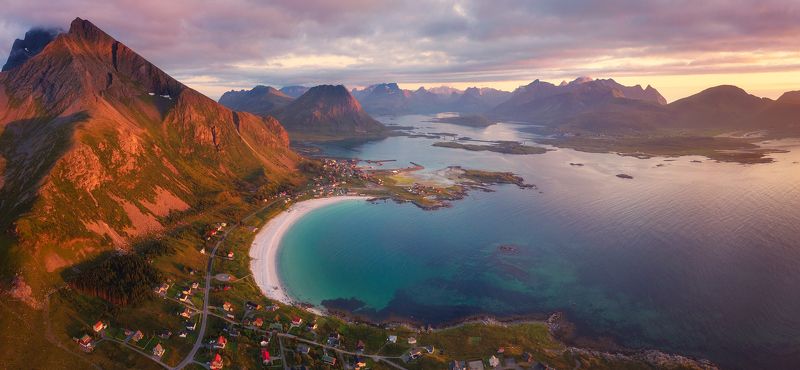 панорама, острова, океан, пляж, ramberg, lofoten, norway Пролетая над Рамбергом фото превью