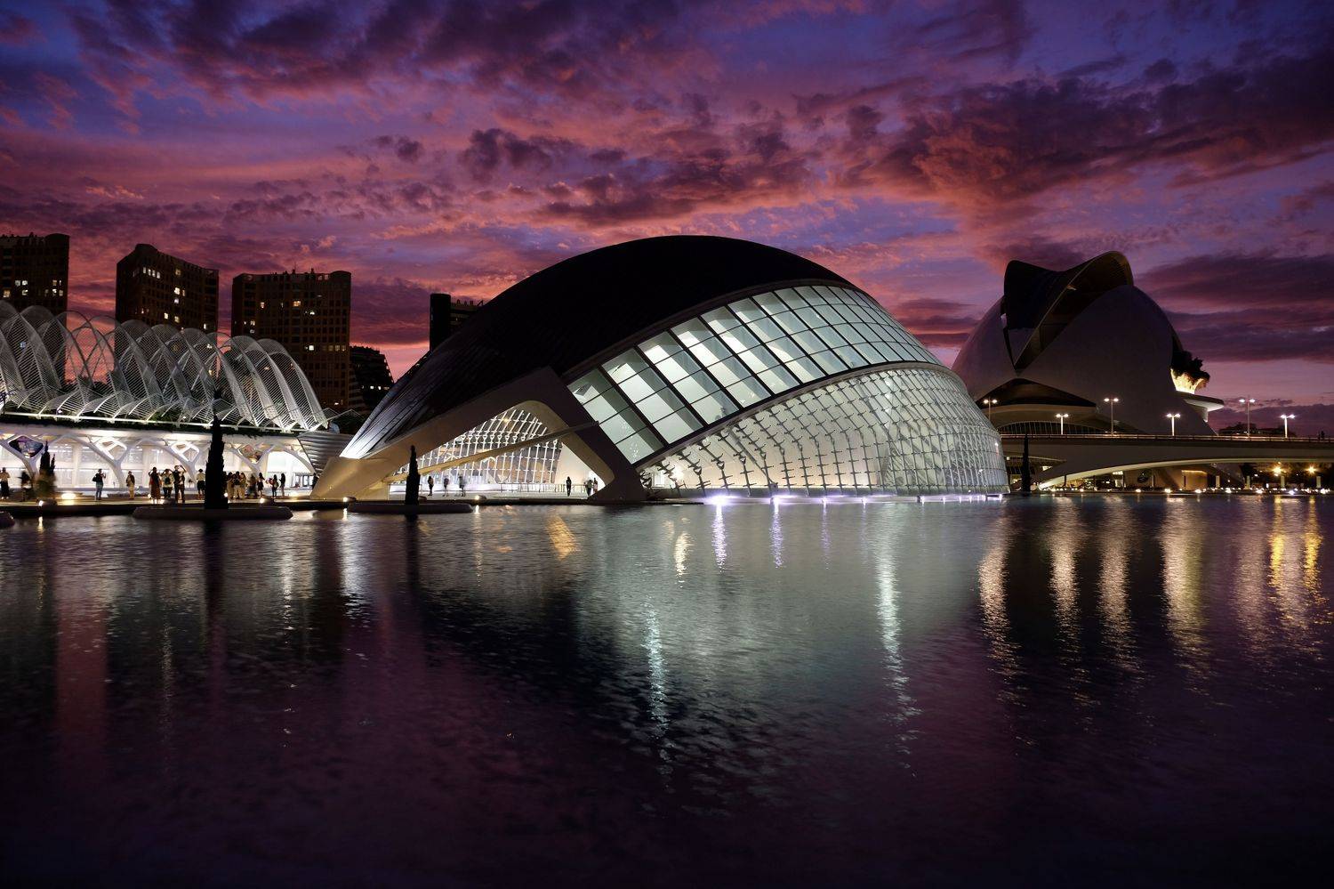 City/Architecture, Santiago Calatrava, Spain, Valencia, city, architecture, modern architecture, colors, cityscape,  L'Hemisf&egrave;ric, sunset, clouds, reflection, water, travel, , Svetlana Povarova Ree