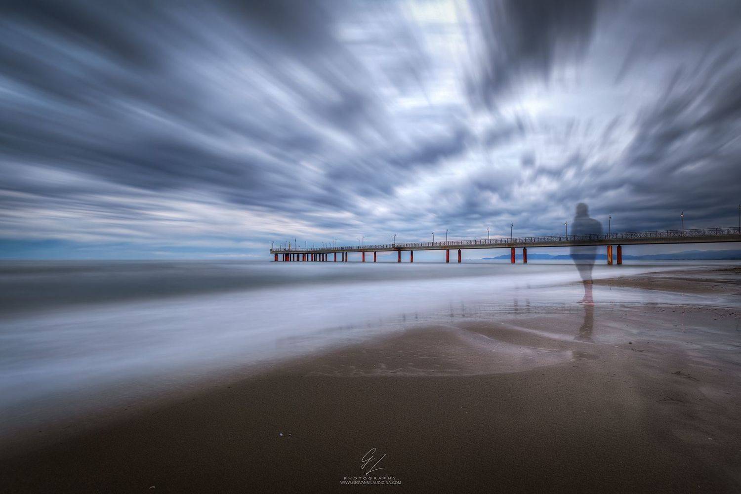 cloud, water, sky, water resources, atmosphere, beach, coastal and oceanic landforms, dusk, landscape, italy, tuscany, pietrasanta, pier, long exposure, shadow, people, sand, sea, mediterranean, marina, water, scenic, light, horizon, seascape, sky, blue, , Giovanni Laudicina