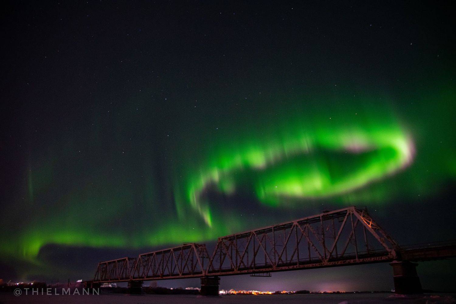 aurora, north, winter, frost, night, nightlights, sky, nightsky, light, bridge, river, Илья Тильман