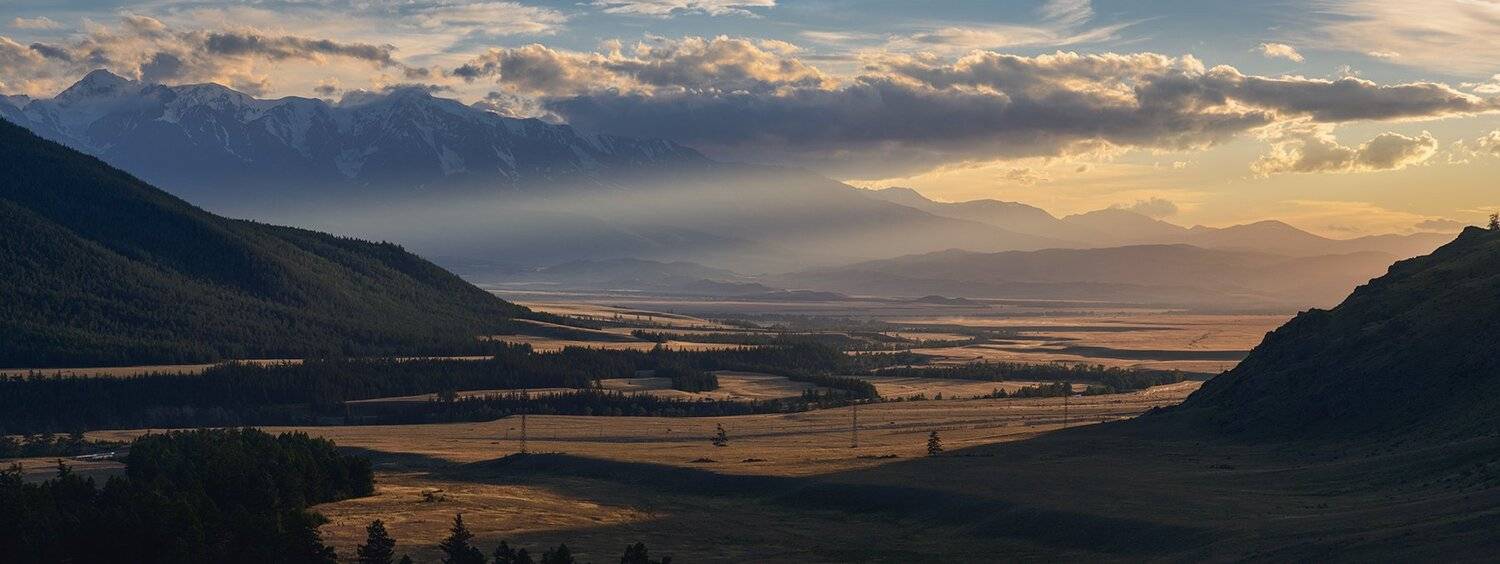 алтай, большая, большой, вечер, высокий, голубой, горный алтай, горы, длинный, желтый, закат, зеленый, красивый, курай, лучи, облака, панорама, пейзаж, природа, путешествия, размер, россия, сибирь, степь, тень, широкая, Дмитрий Антипов
