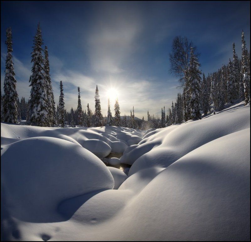 Зима, Кузнецкий Алатау, Пихты, Река, Снег, Сугробы, Утро, Ярославский Виталий Зефирная Страна фото превью
