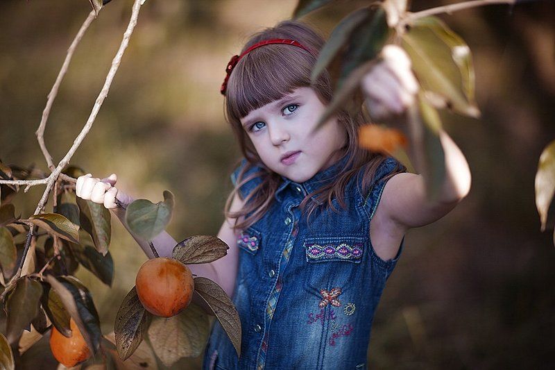 девочка, девочка в саду, сад, хурма  фото превью