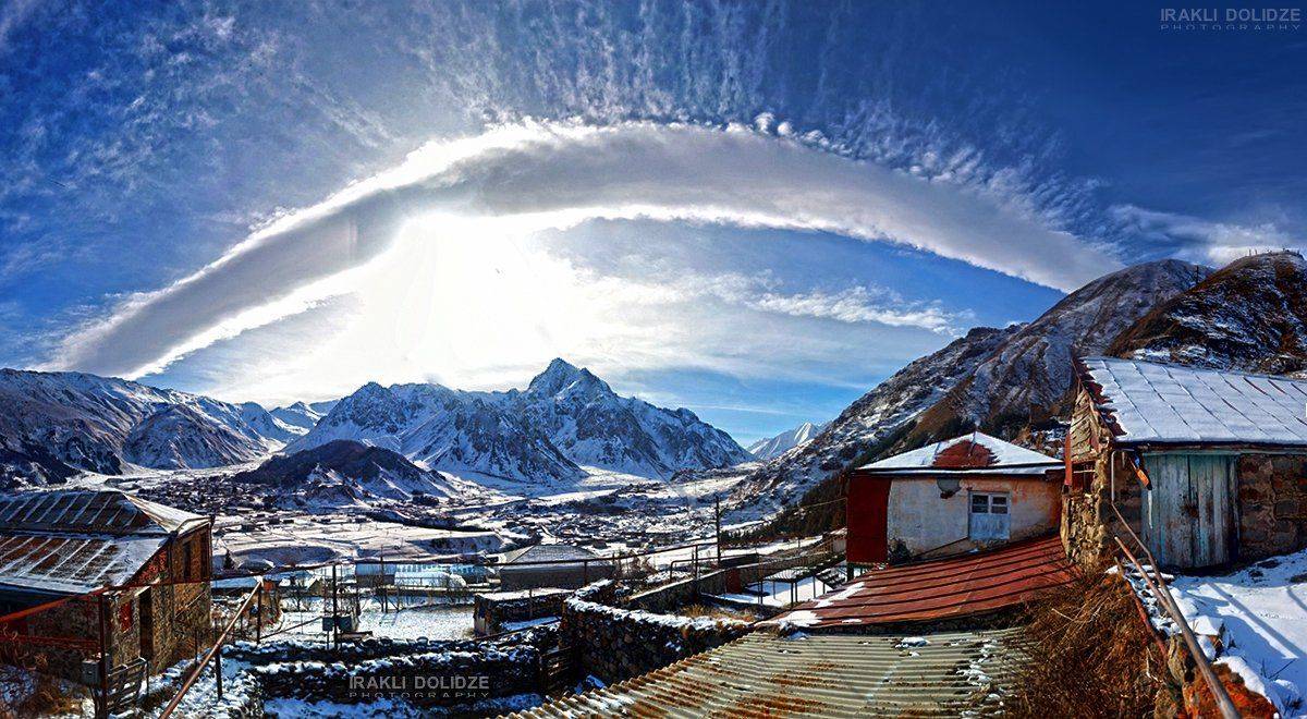 Clouds, Georgia, Houses, IRAKLI DOLIDZE, Mountains, Panorama, Snow, Sun, Winter, ირაკლი დოლიძე