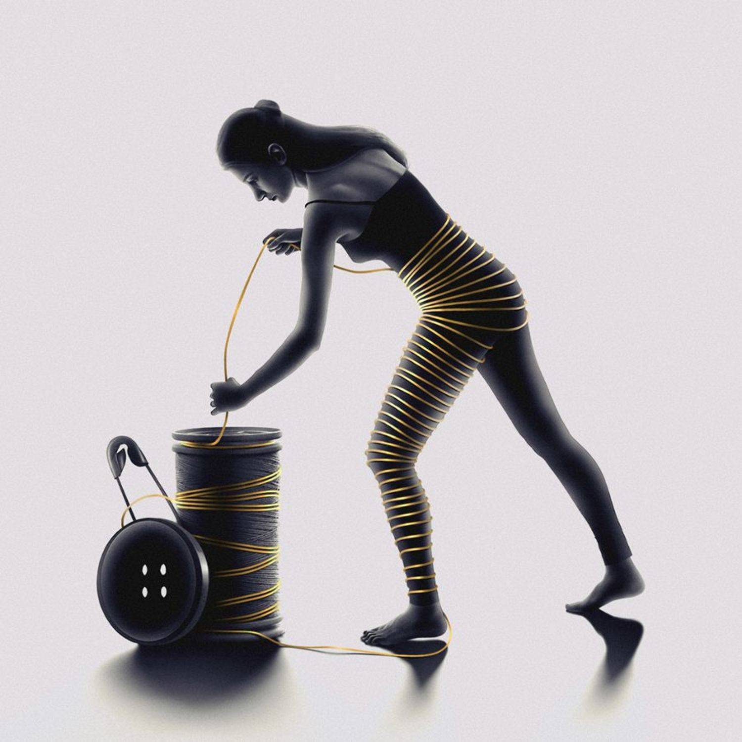 silhouette, art, fine art, conceptual, creative edit, golden rope, rope, safety pin, button, shadow, dark, light, portrait, woman, montage, Nur Ernehir