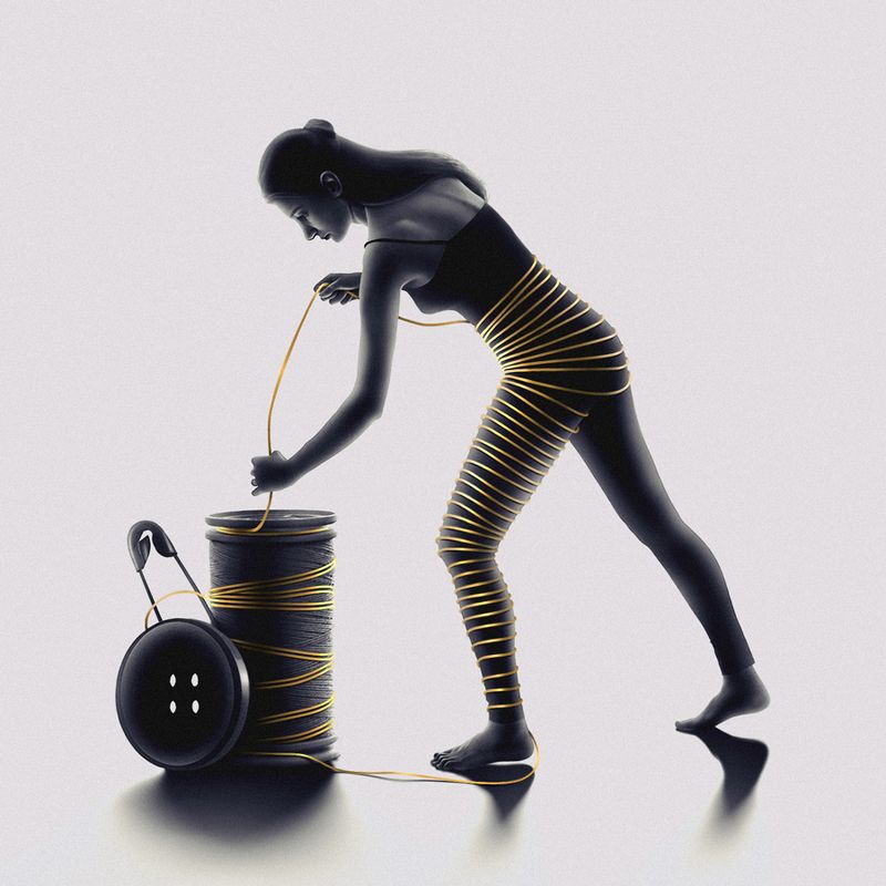 silhouette, art, fine art, conceptual, creative edit, golden rope, rope, safety pin, button, shadow, dark, light, portrait, woman, montage The Golden Rope фото превью