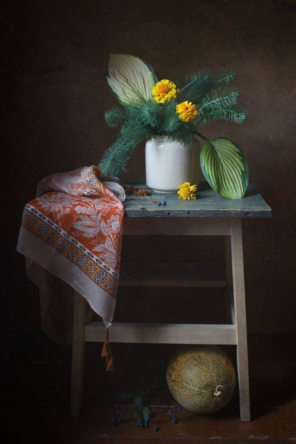 натюрморт, осень, цвветы, дыня, Курочкина Диана