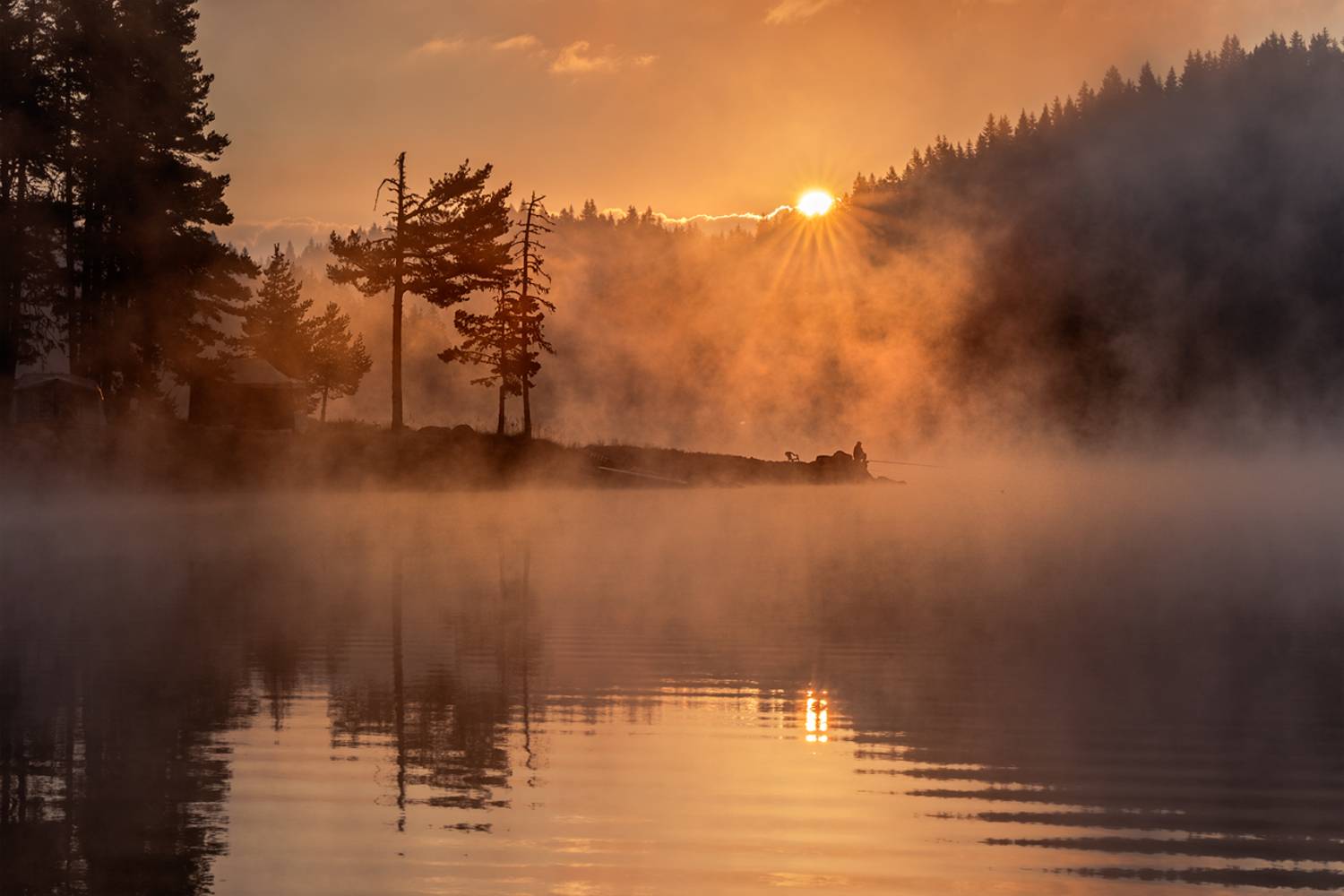landscape nature scenery summer sunrise morning dawn lake reflection fog foggy mist misty clouds mountain trees пейзаж рассвет горы озеро, Александър Александров