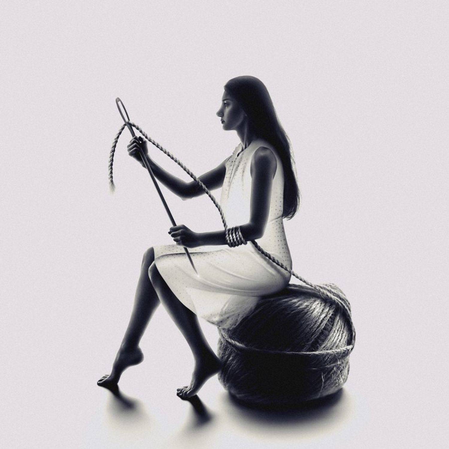 silhouette, dark, light, destiny, rope, needle, conceptual, art, fine art, portrait, woman, creative edit, photo montage, Nur Ernehir