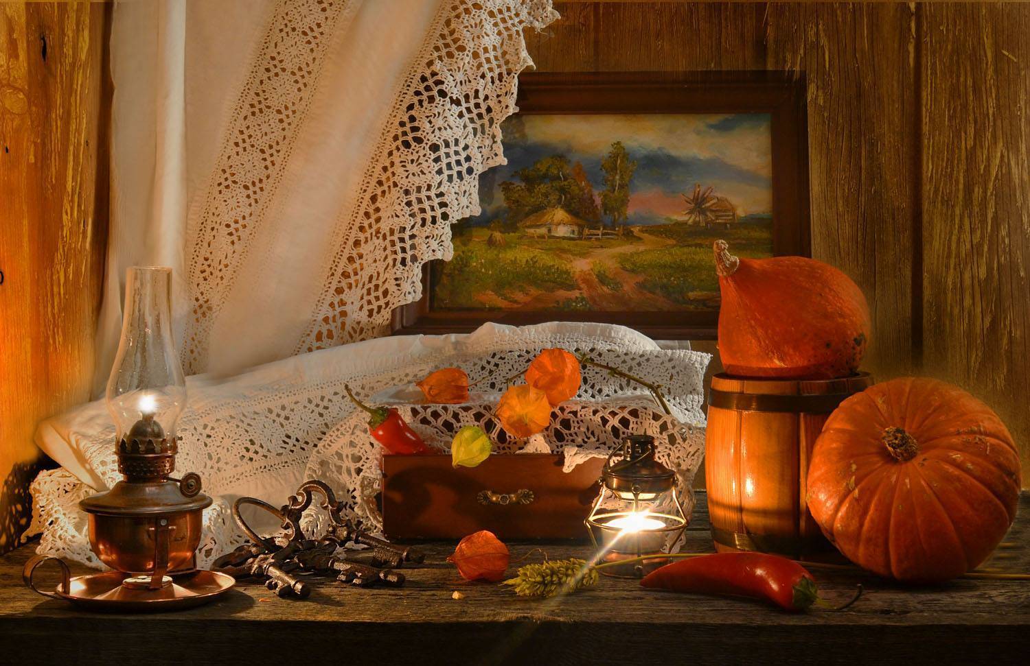 still life, натюрморт, цветы, фото натюрморт, физалис, осень, октябрь, тыква, керосиновая лампа,ключи, картина маслом, Колова Валентина