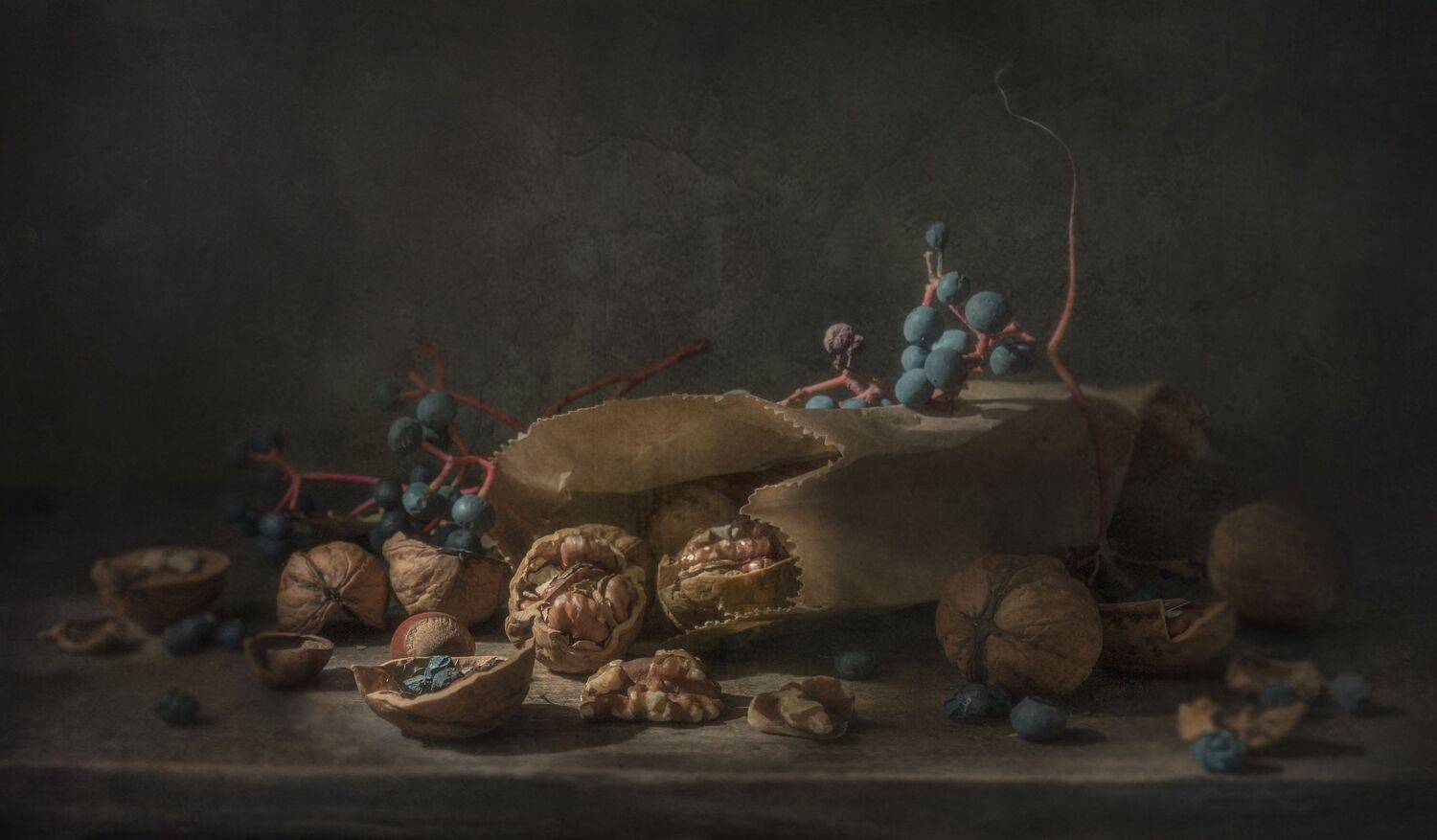 грецкие орехи,скорлупа,виноград,осень,кулёк,текстура, Владимир Володин