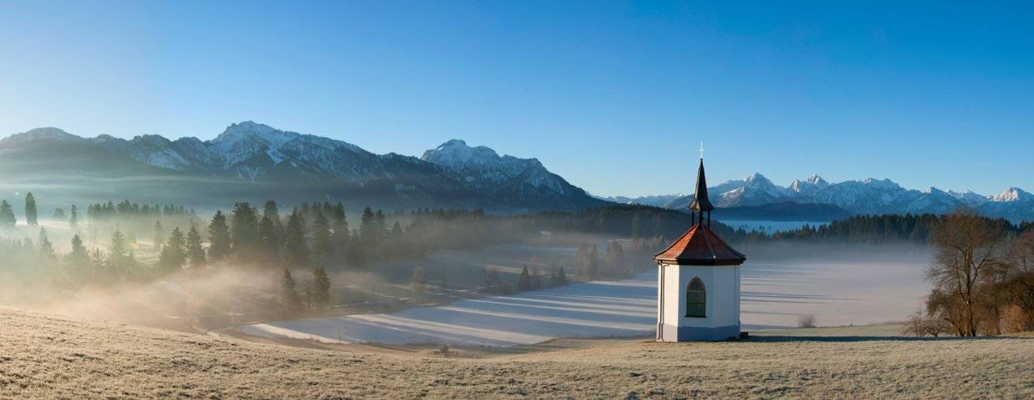 Альпы, Бавария, Германия, Горы, Зима, Озеро, Пейзаж, Путешествие, Рассвет, Утро, Церковь, Часовня, Динара