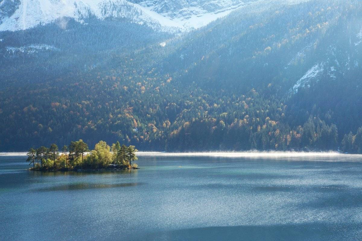 Eibsee, Zugspitze, Бавария, Горы, Остров, Пейзаж, Природа, Александр Удовиченко