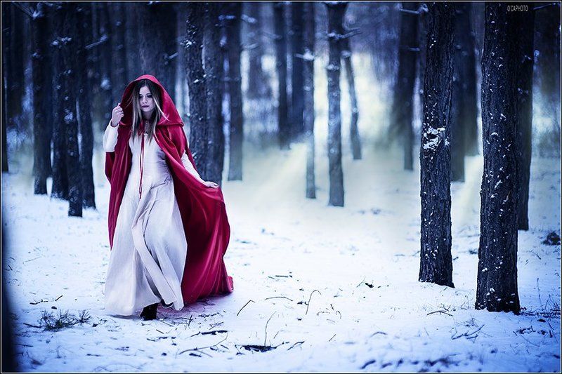 Девушка, Зима, Красная шапочка, Лес, Река, Собака, Холод \