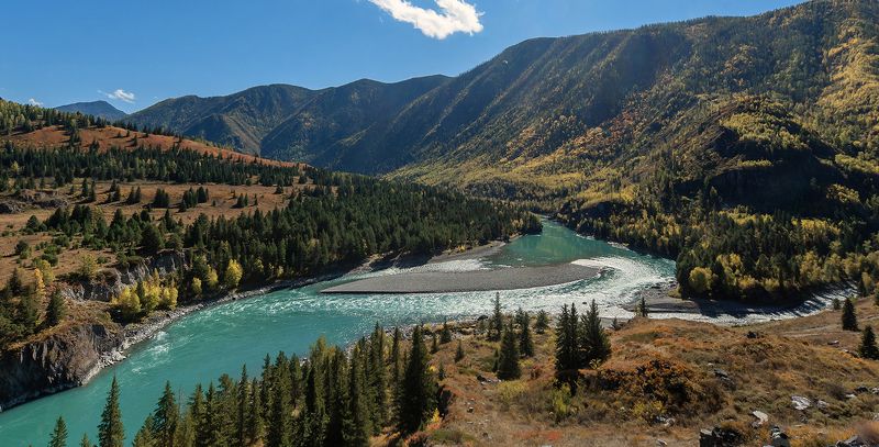 алтай, горный алтай, катунь, осень, блики, лиственницы Чудесный уголок Катуни фото превью