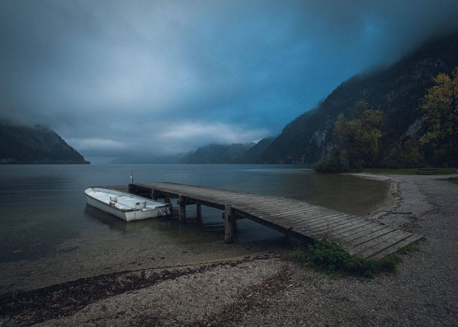 пейзаж Австрия горы лодка причал, Дмитрий Рябцев
