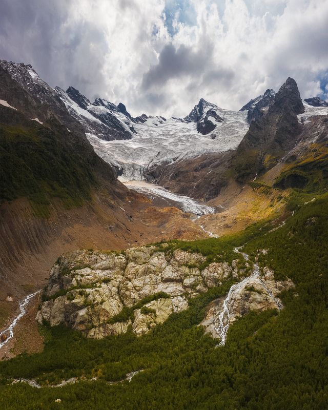 Домбай, кавказ, Россия, пейзаж, аэросъемка, алибек, водопад Ледник Алибек фото превью