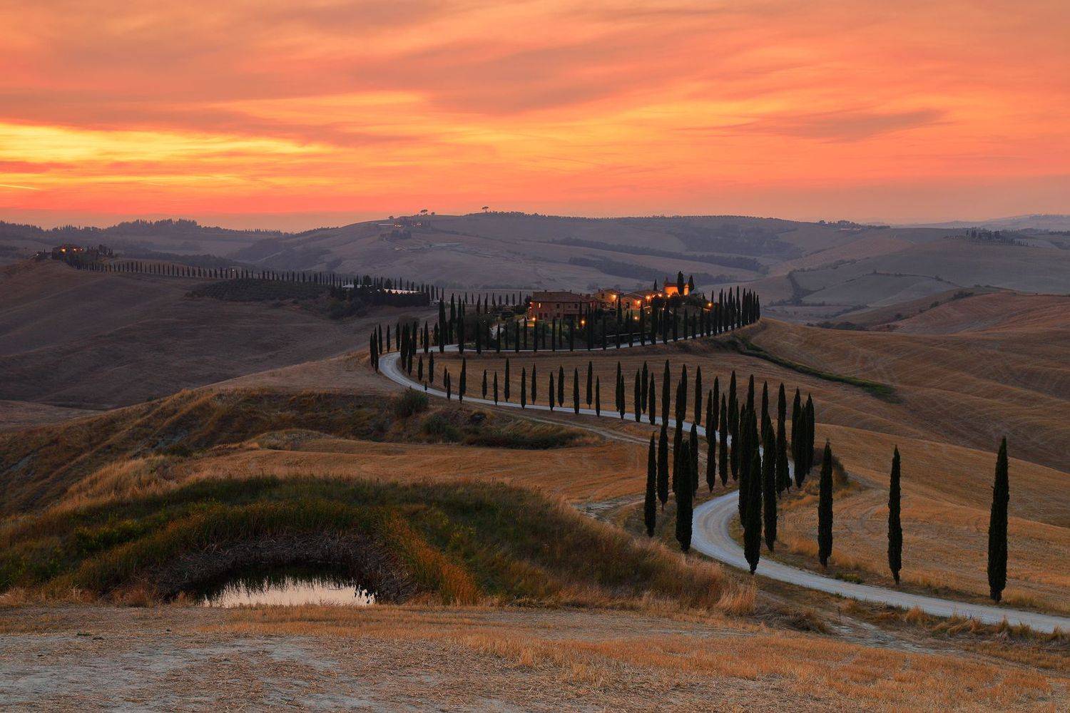 tuscany, sunset, cypresses, road, house, field,, Jacek Lisiewicz
