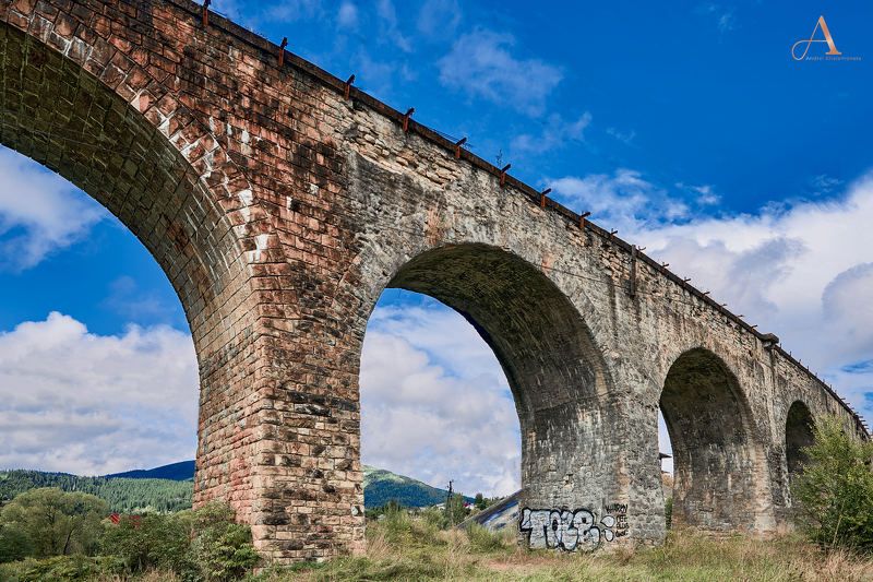 architecture, bridge, bluesky, oldbridge, railwaybridge Old railway bridge. Ukraine, Vorohta. фото превью