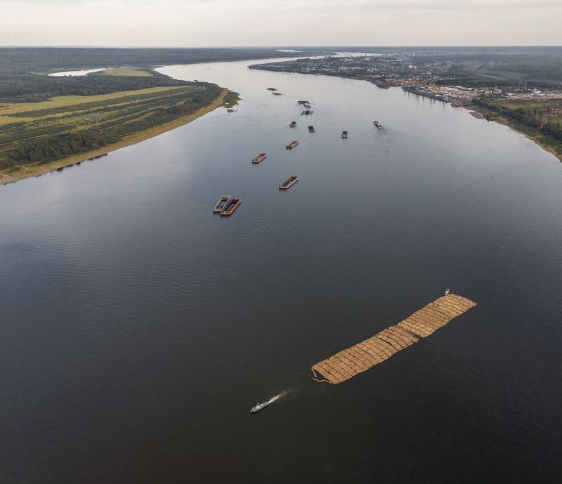 плот, пиловочник, буксировка, Енисей,  Плот на Енисее фото превью